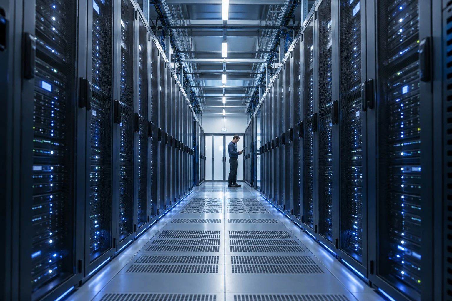 A technician in a modern data center server aisle