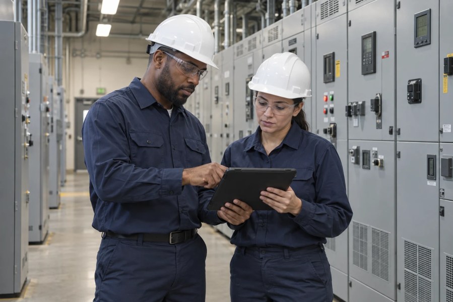 Field service technicians beside electrical switchgear