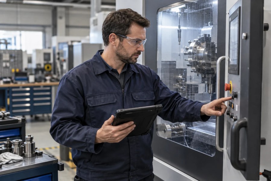 A field service engineer inspecting precision equipment