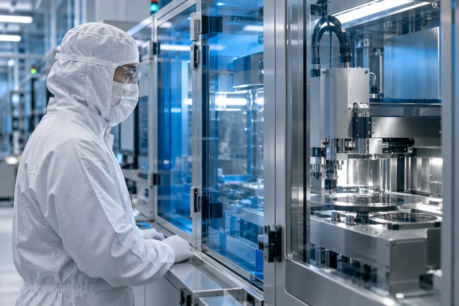 An engineer beside semiconductor manufacturing equipment
